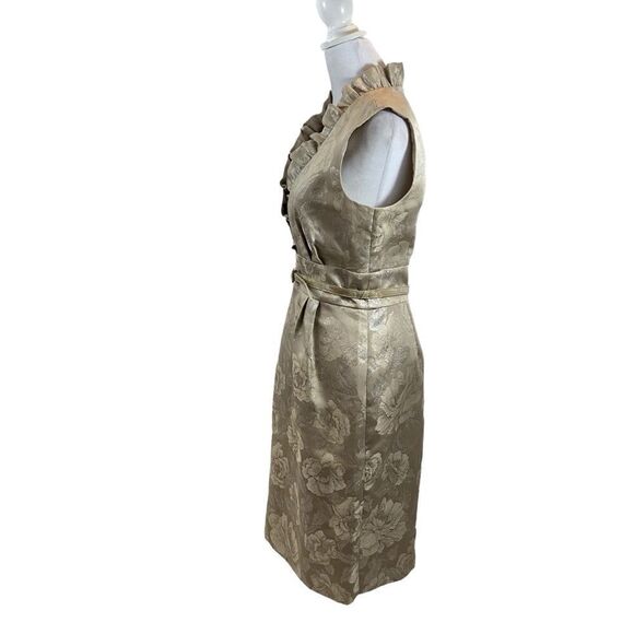 Eliza J Champagne Color Floral Brocade Ruffle Neckline Sleeveless Dress Medium - Picture 4 of 13